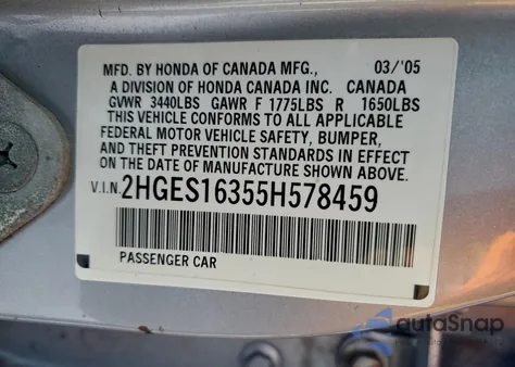 2005 Honda Civic Dx Vp из США, поврежденный, VIN 2HGES16355H578459